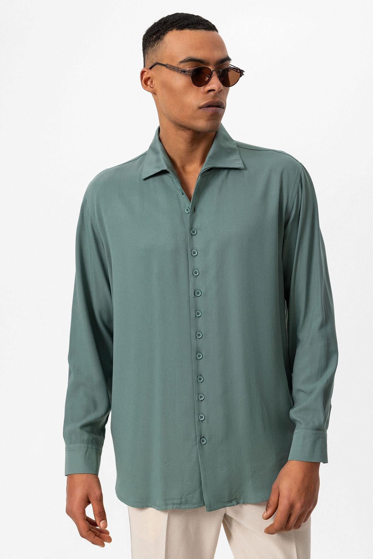 Men's Green Regular Fit Camp Collar Shirt