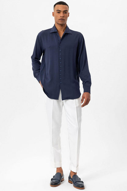 Men's Navy Blue Regular Fit Camp Collar Shirt -