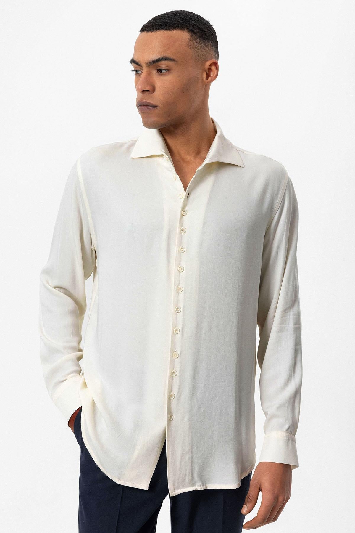 Men's Ecru Regular Fit Camp Collar Shirt