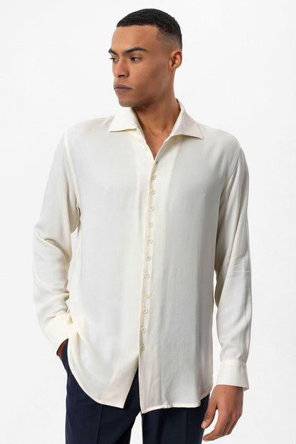 Men's Ecru Regular Fit Camp Collar Shirt