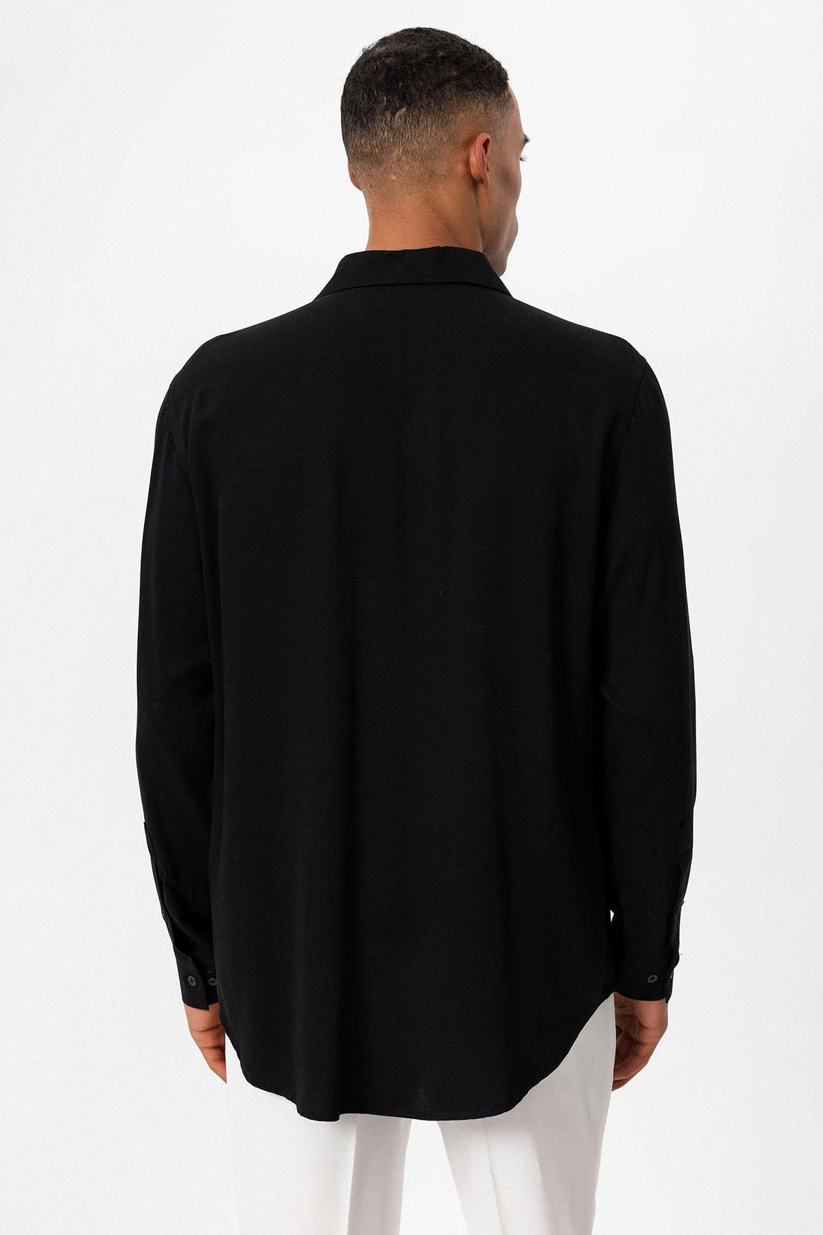 Men's Black Regular Fit Camp Collar Shirt