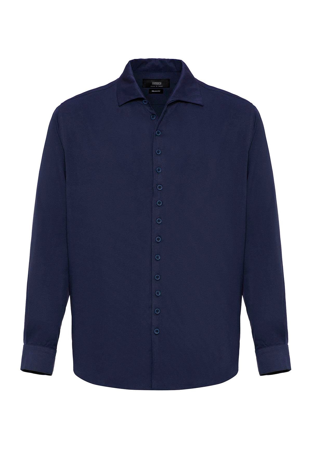 Men's Navy Blue Regular Fit Camp Collar Shirt