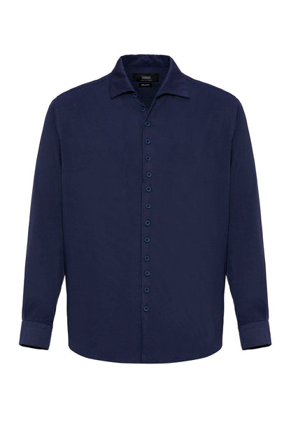 Men's Navy Blue Regular Fit Camp Collar Shirt