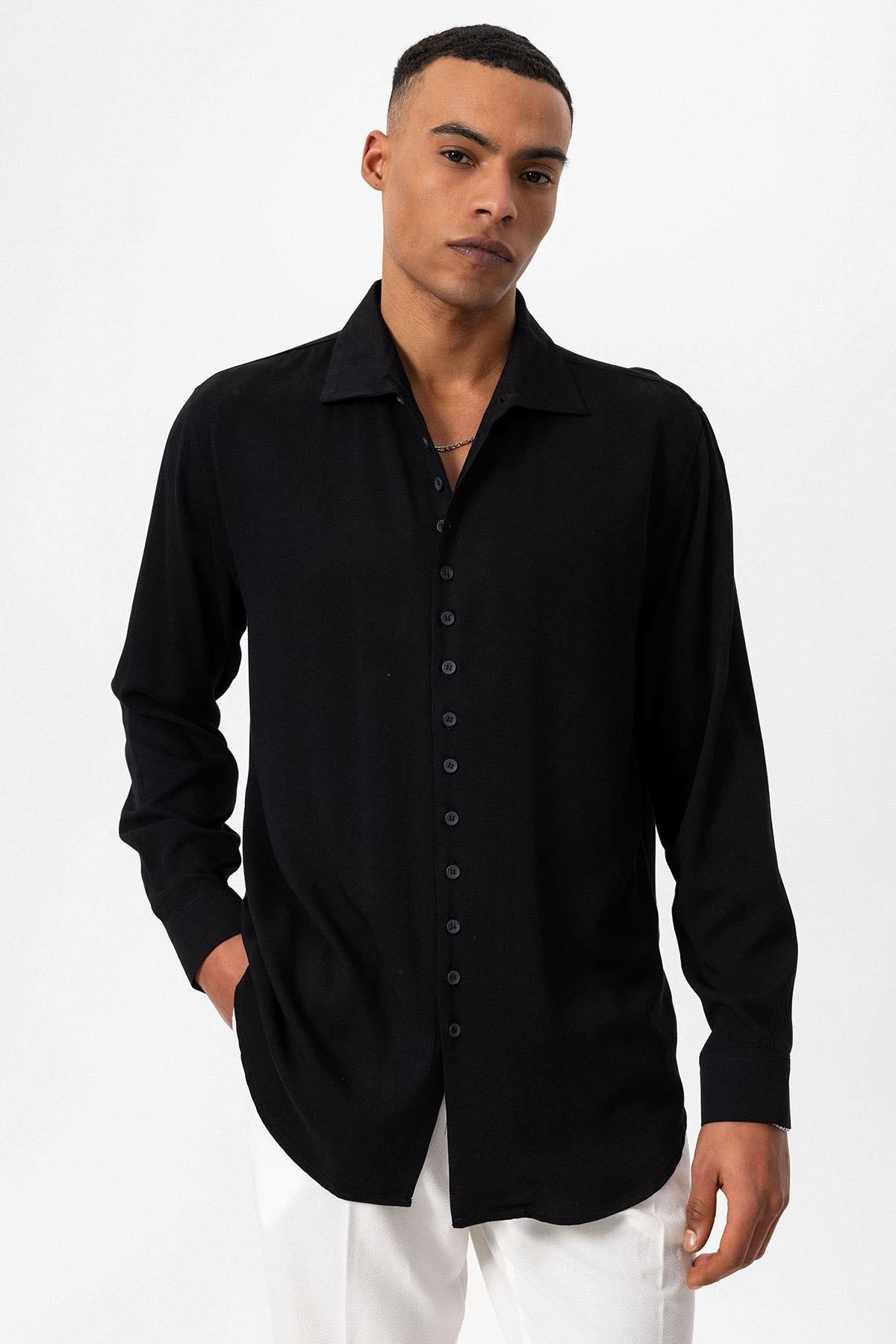 Men's Black Regular Fit Camp Collar Shirt