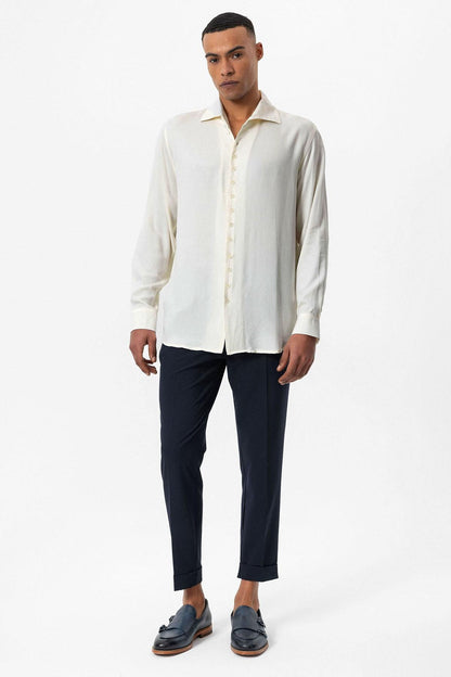 Men's Ecru Regular Fit Camp Collar Shirt -