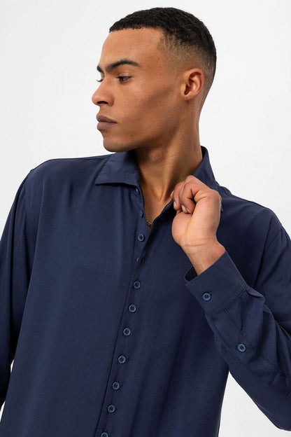Men's Navy Blue Regular Fit Camp Collar Shirt