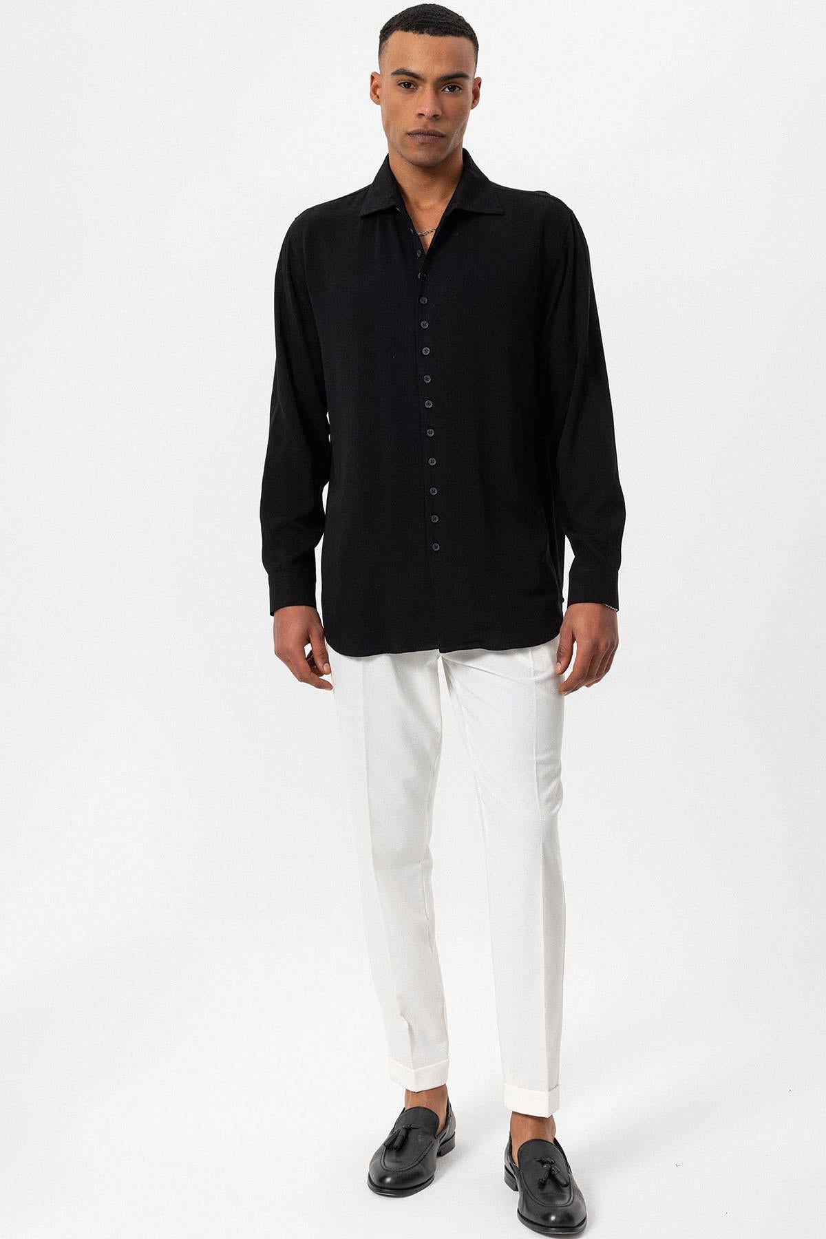 Men's Black Regular Fit Camp Collar Shirt