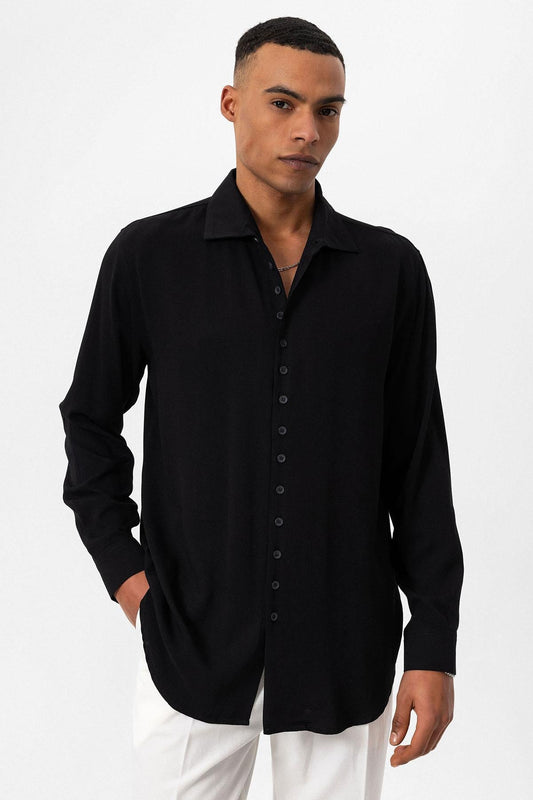 Men's Black Regular Fit Camp Collar Shirt -