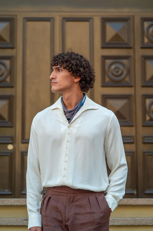 Men's Ecru Regular Fit Camp Collar Shirt