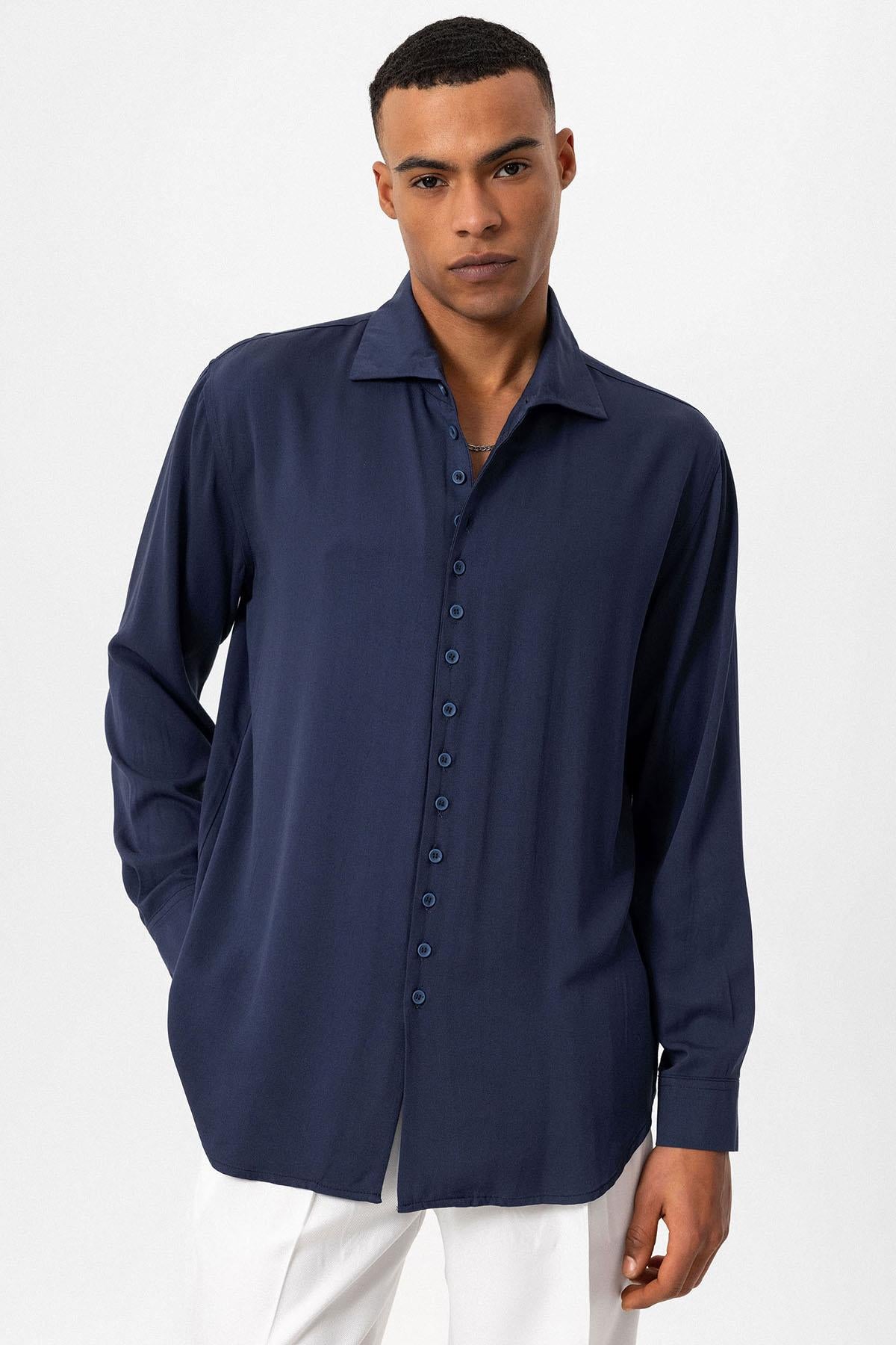Men's Navy Blue Regular Fit Camp Collar Shirt