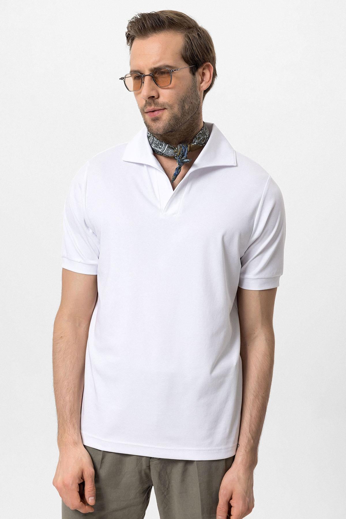 Men's White Regular Fit Camp Collar T-Shirt
