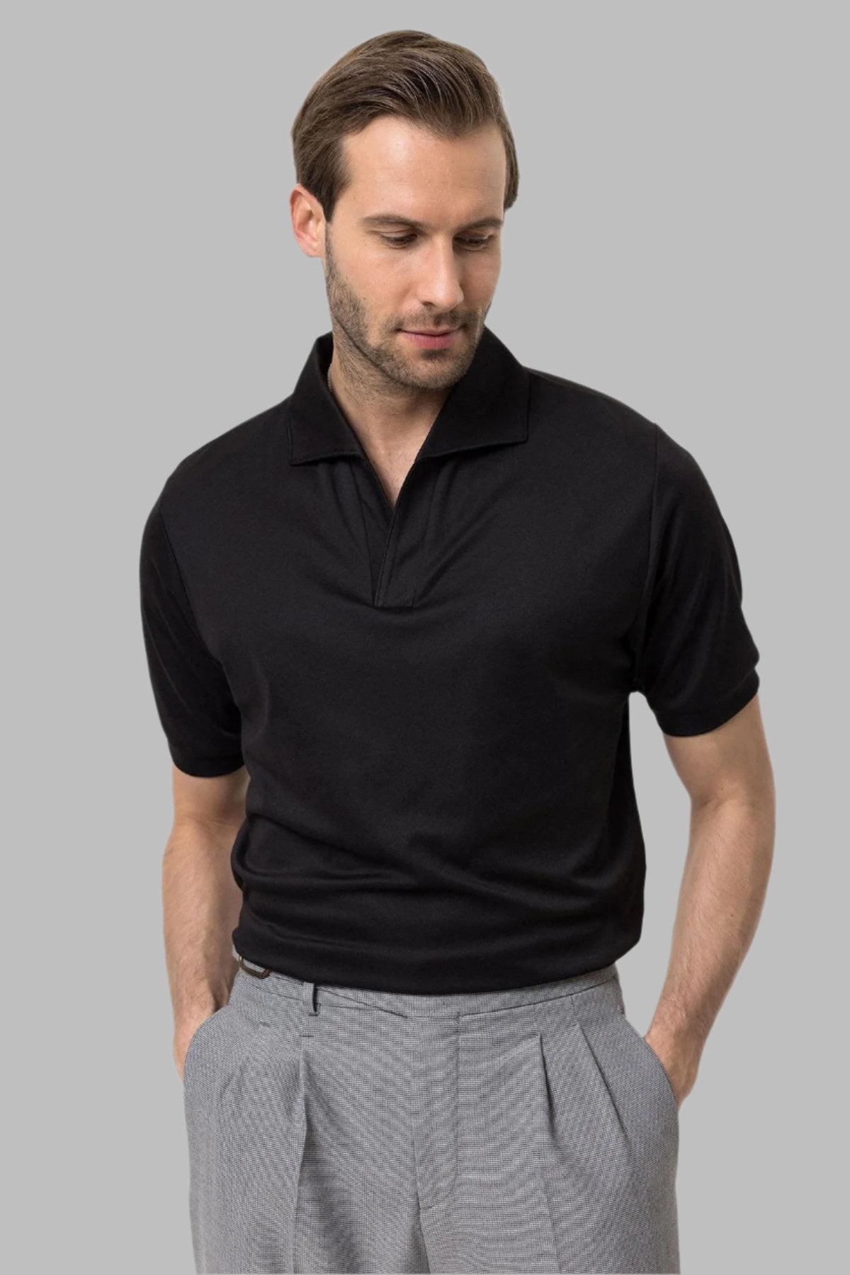 Men's Black Regular Fit Camp Collar T-Shirt