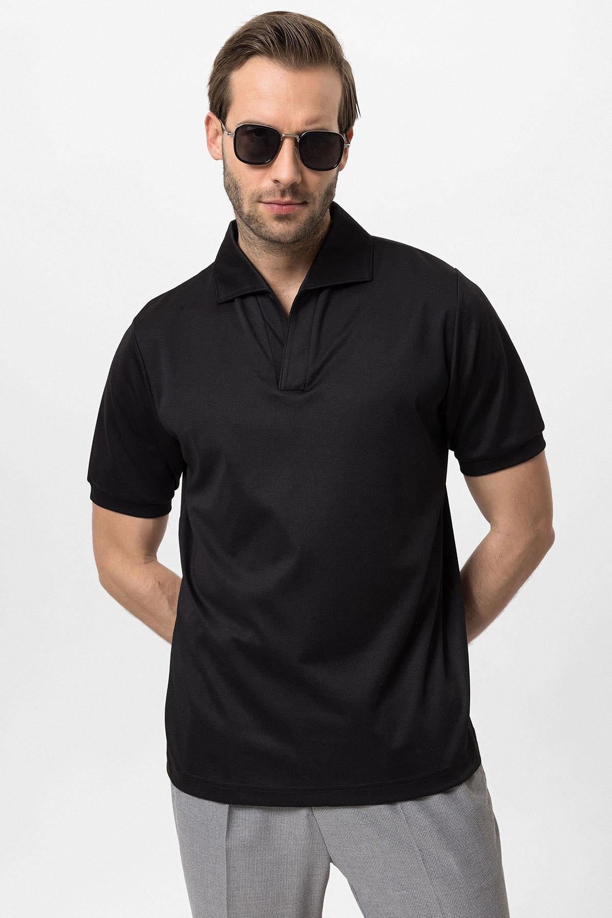 Men's Black Regular Fit Camp Collar T-Shirt