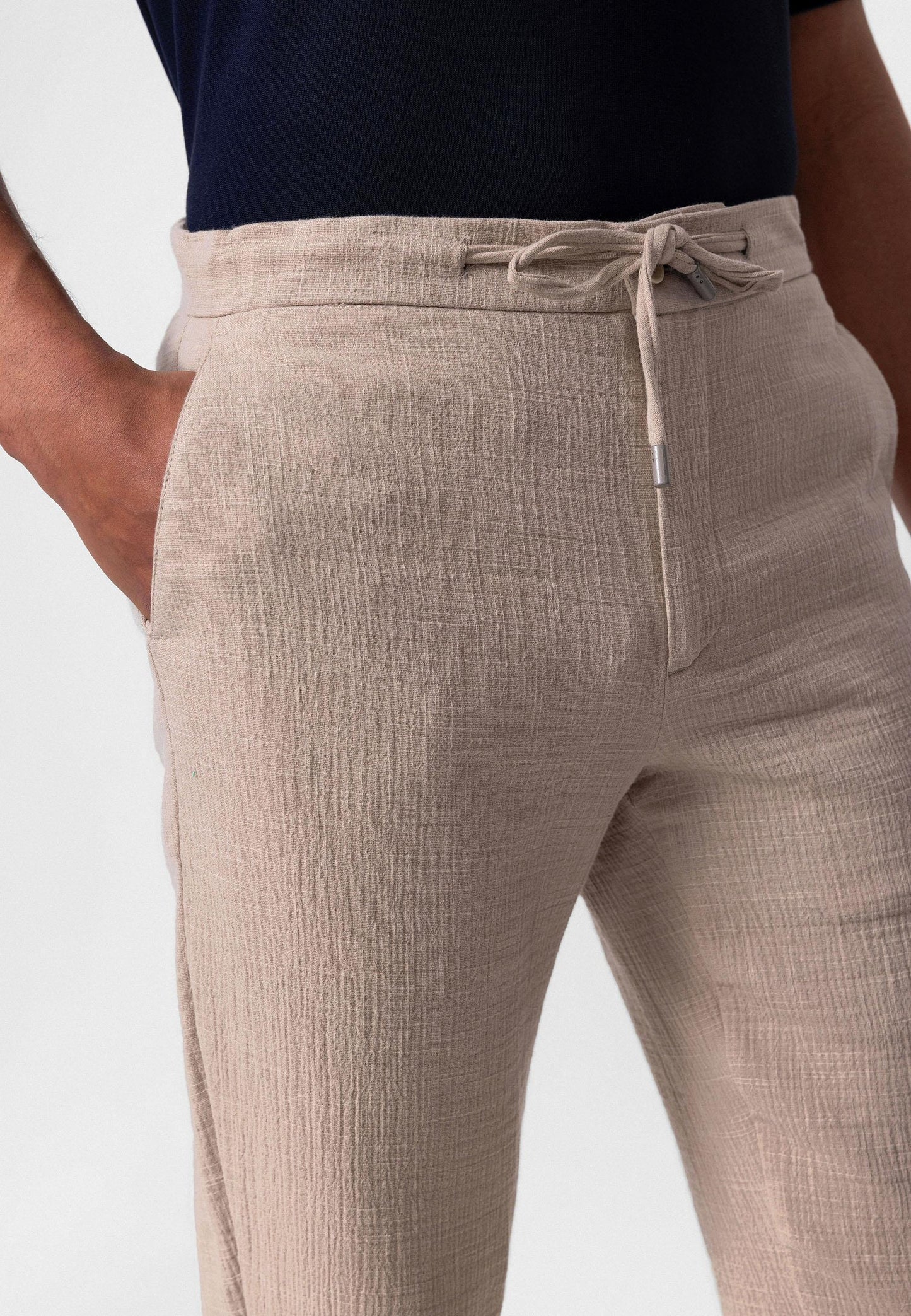Men's Beige Regular Fit Drawstring Pants