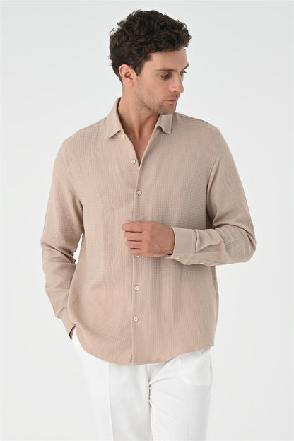 Men's Beige Regular Fit Woven Shirt