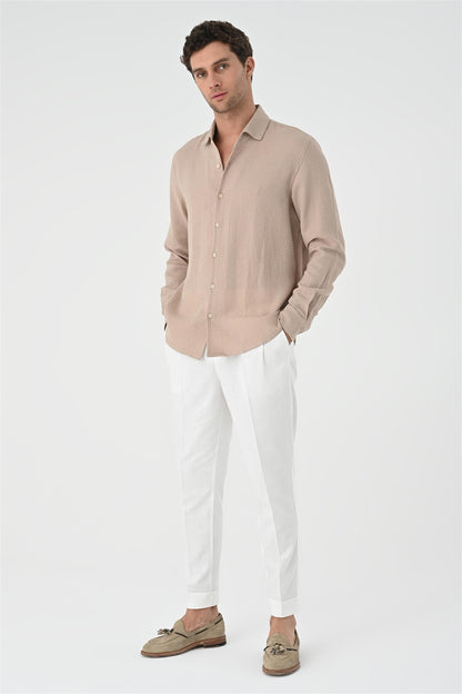 Men's Beige Regular Fit Woven Shirt
