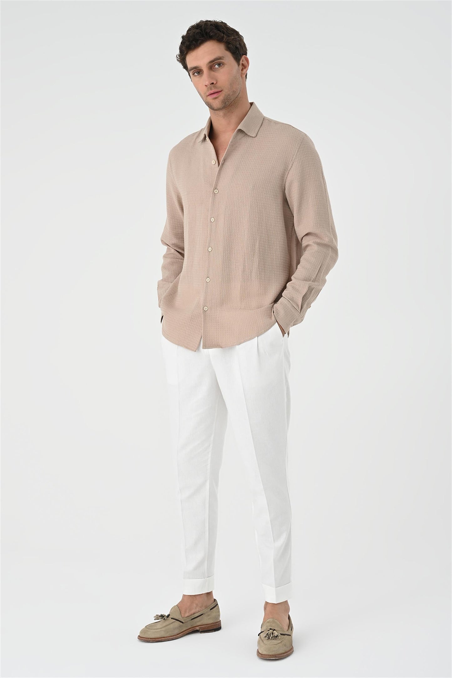 Men's Beige Regular Fit Woven Shirt