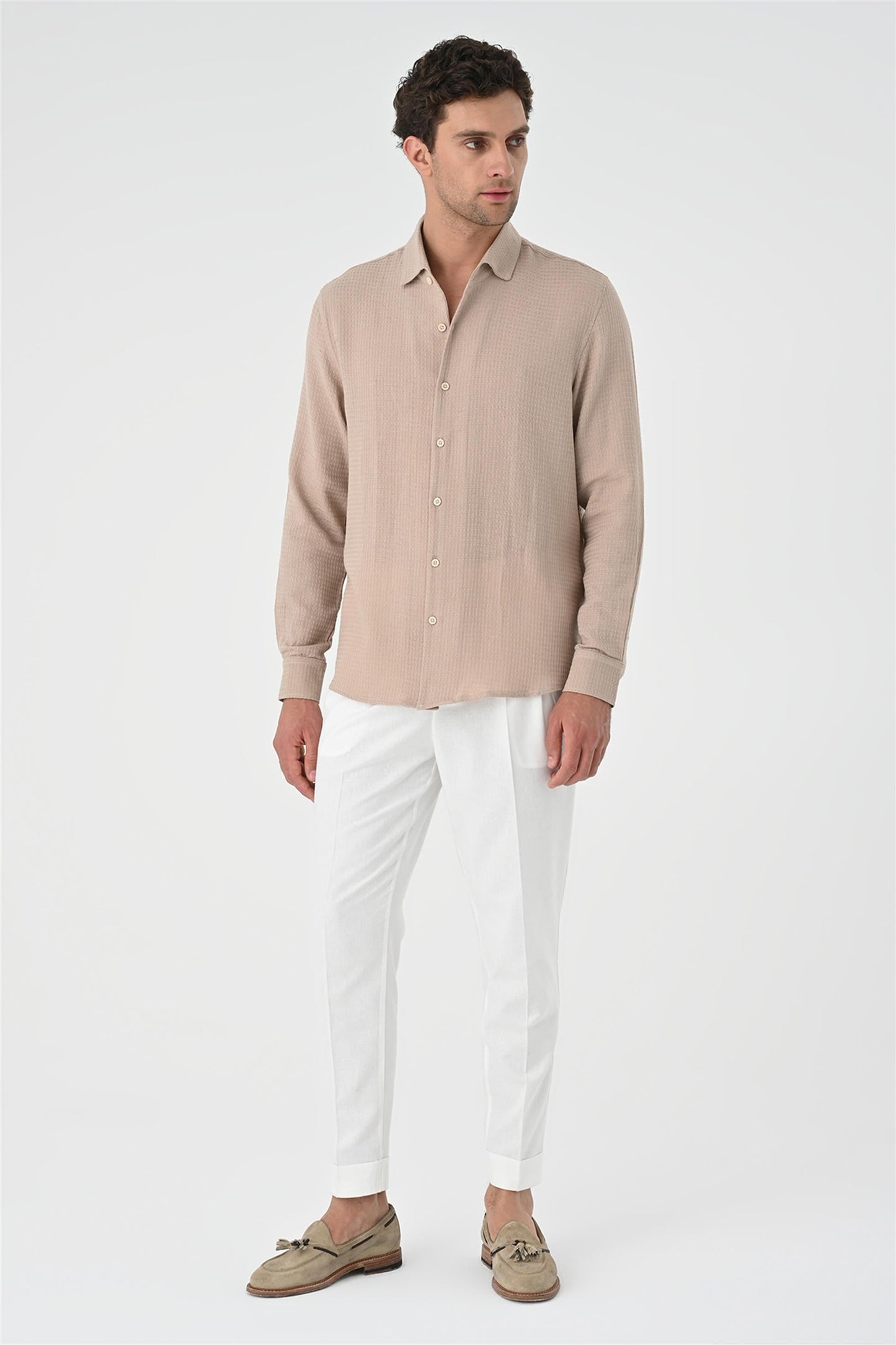 Men's Beige Regular Fit Woven Shirt