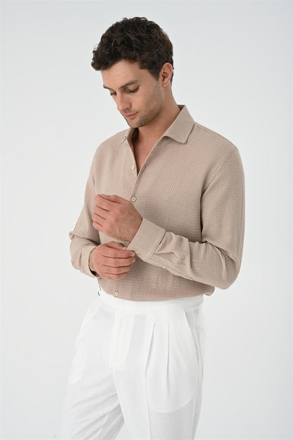 Men's Beige Regular Fit Woven Shirt