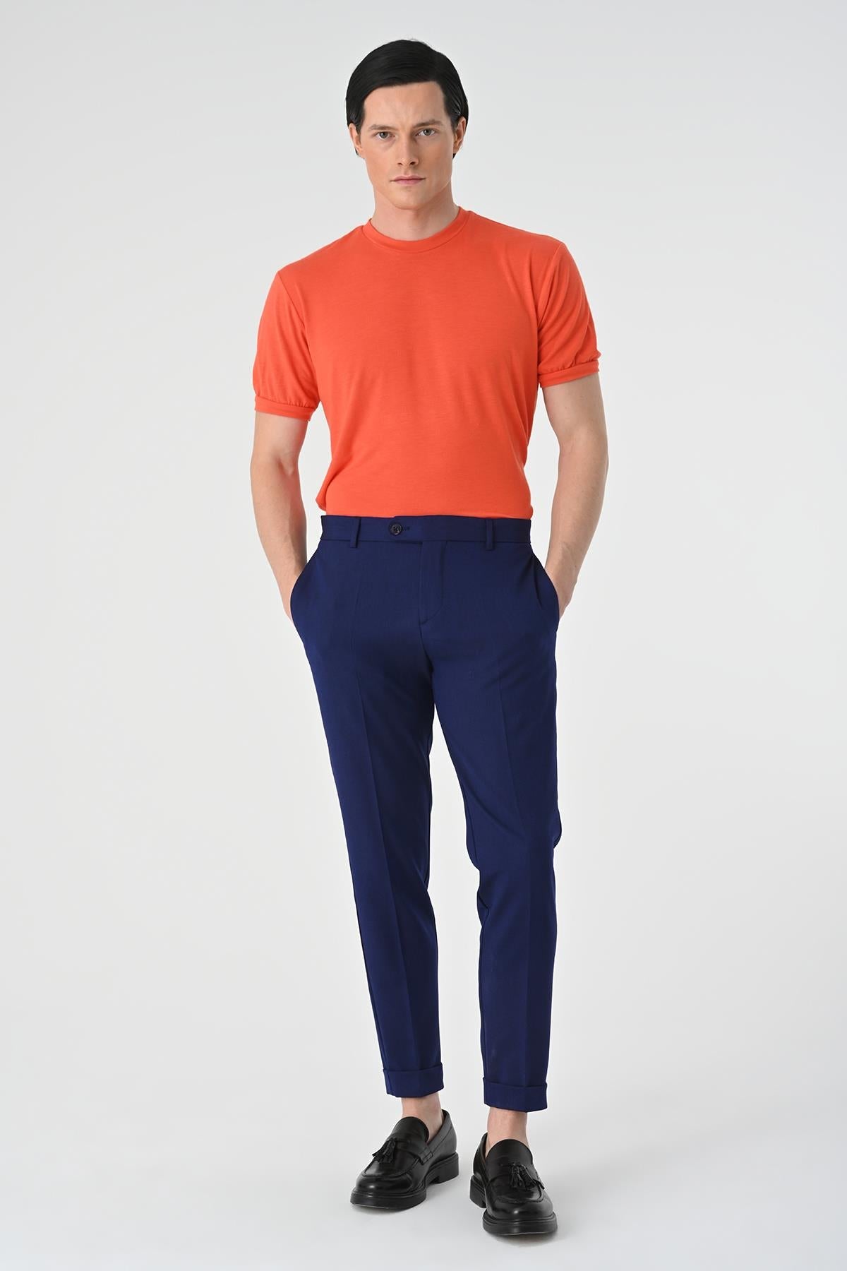 Men's Light Navy Blue Regular Fit Double Leg Trousers