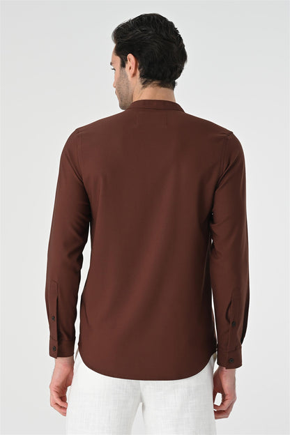 Men's Brown Regular Fit Mandarin Collar Shirt