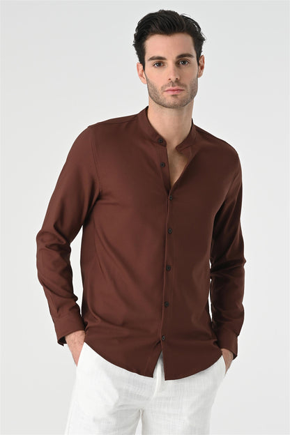 Men's Brown Regular Fit Mandarin Collar Shirt