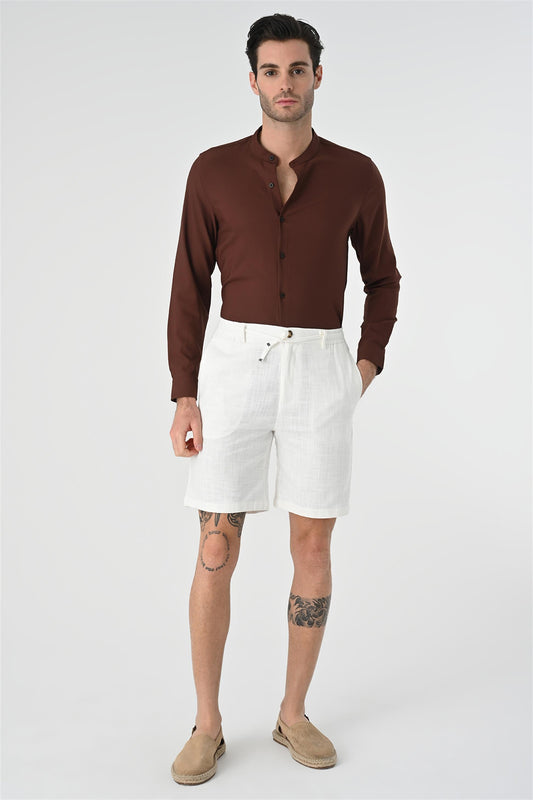 Men's Brown Regular Fit Mandarin Collar Shirt