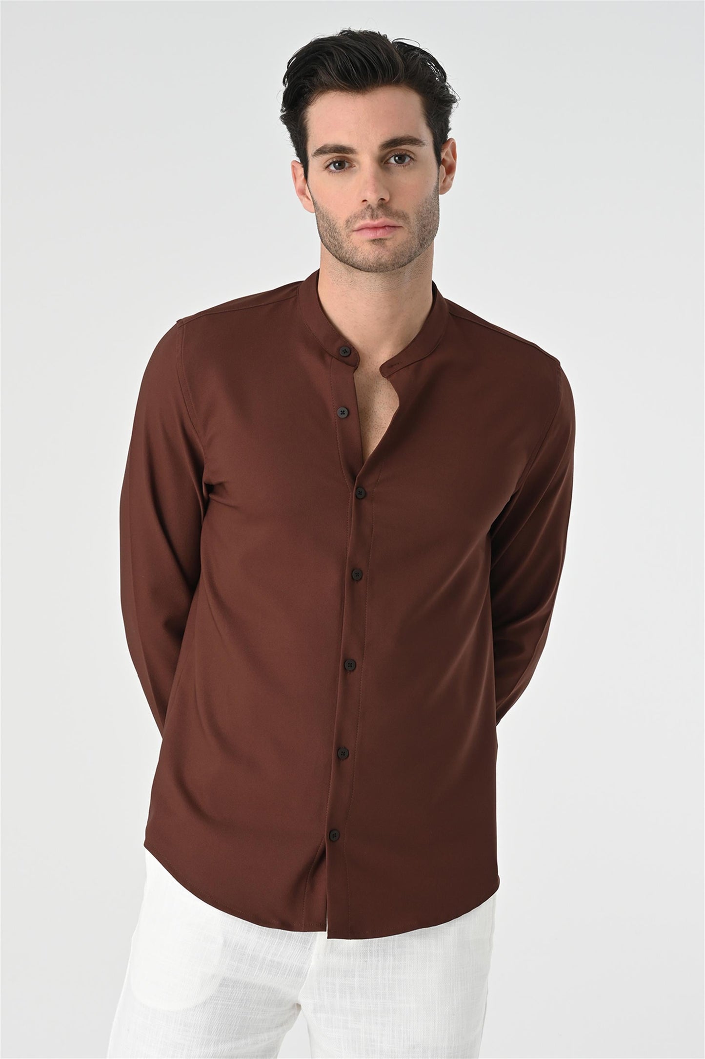 Men's Brown Regular Fit Mandarin Collar Shirt