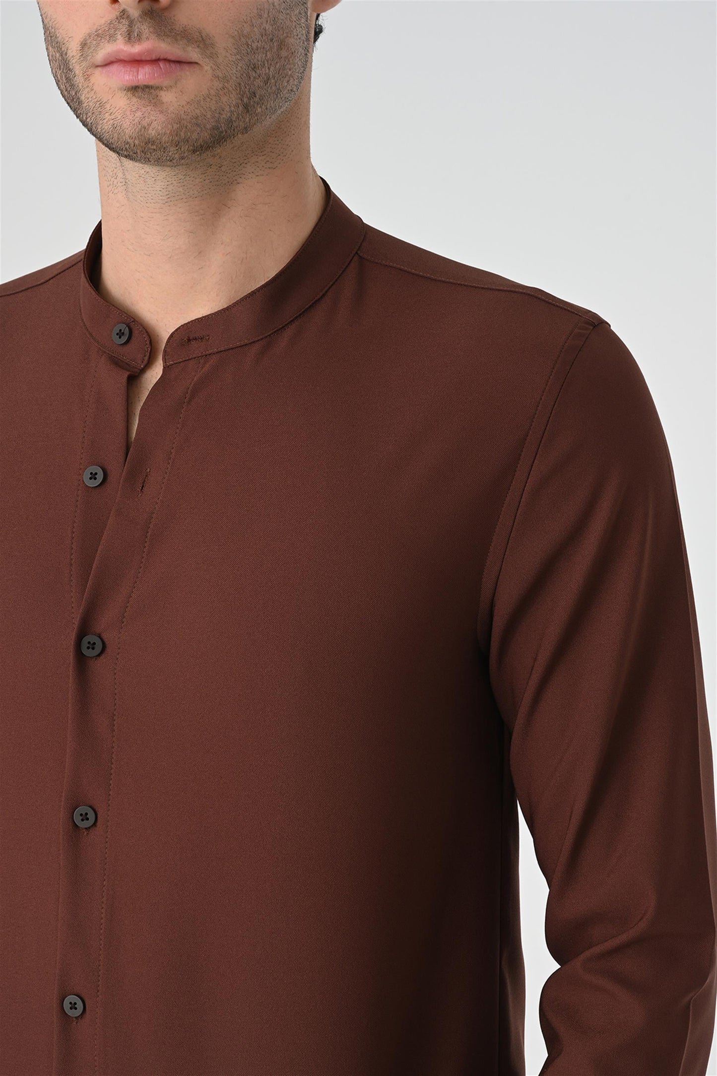Men's Brown Regular Fit Mandarin Collar Shirt