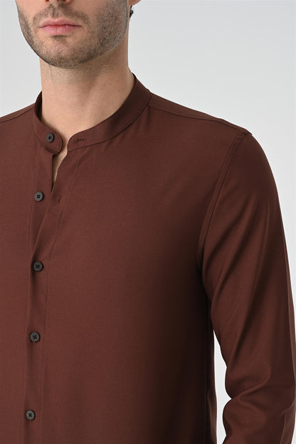 Men's Brown Regular Fit Mandarin Collar Shirt
