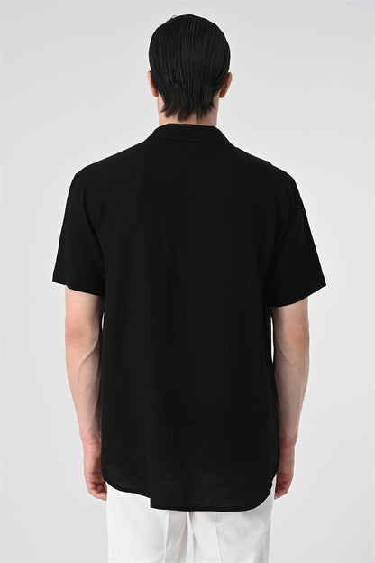 Men's Black Relax Fit Shawl Collar Short Sleeve Shirt