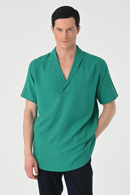 KOALA SYDNEY  Men's Green Relax Fit Shawl Collar Short Sleeve Shirt -