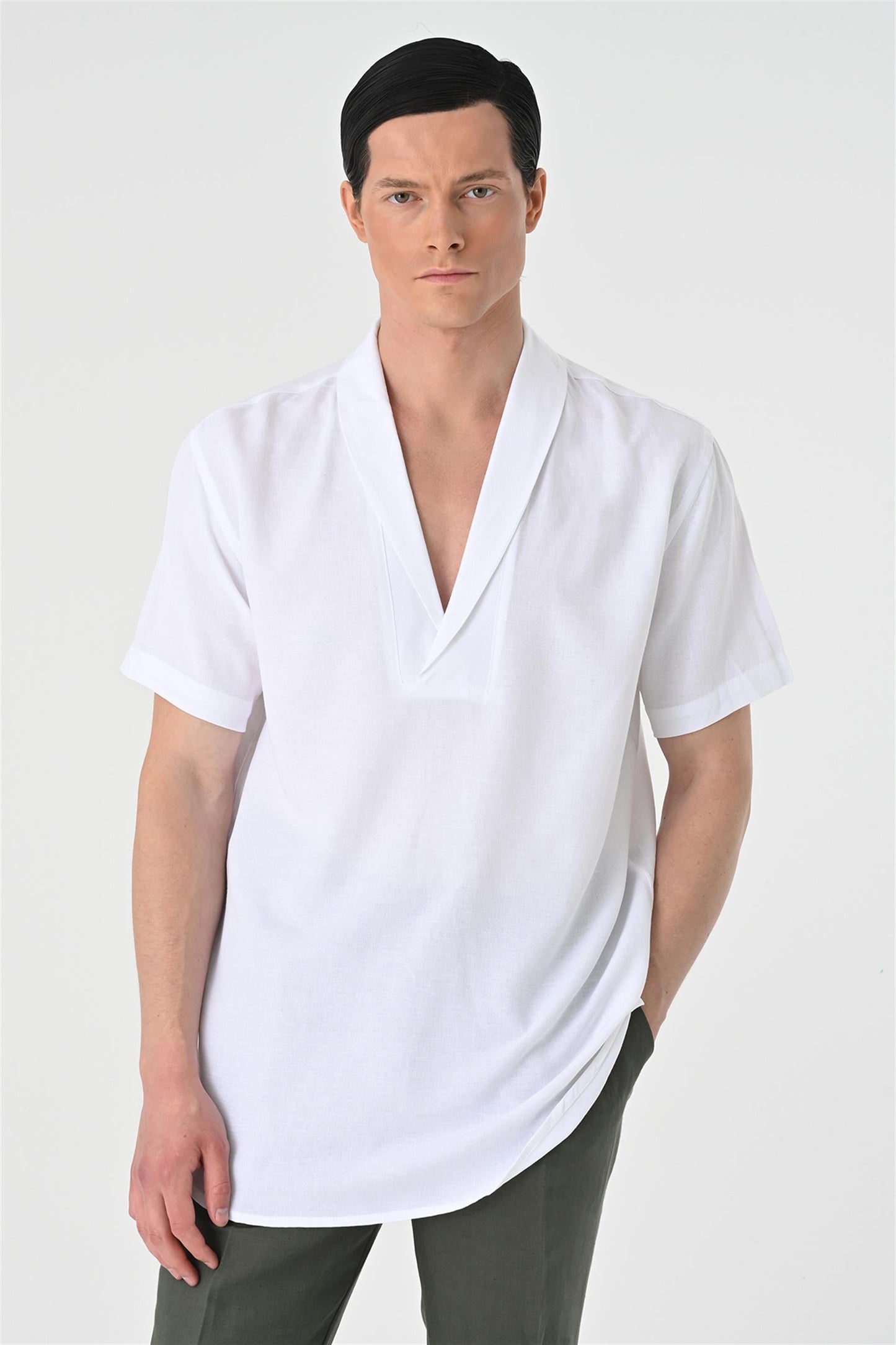 KOALA SYDNEY Men's White Relax Fit Shawl Collar Short Sleeve Shirt