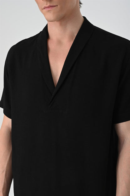 Men's Black Relax Fit Shawl Collar Short Sleeve Shirt