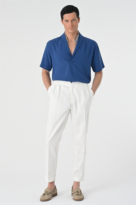 KOALA SYDNEY  Men's Indigo Relax Fit Shawl Collar Short Sleeve Shirt -