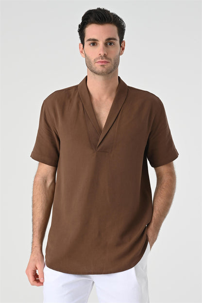 KOALA SYDNEY  Men's Brown Relax Fit Shawl Collar Short Sleeve Shirt -