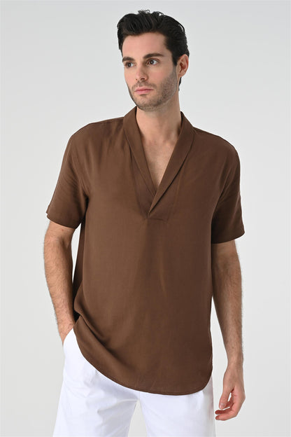 KOALA SYDNEY  Men's Brown Relax Fit Shawl Collar Short Sleeve Shirt -
