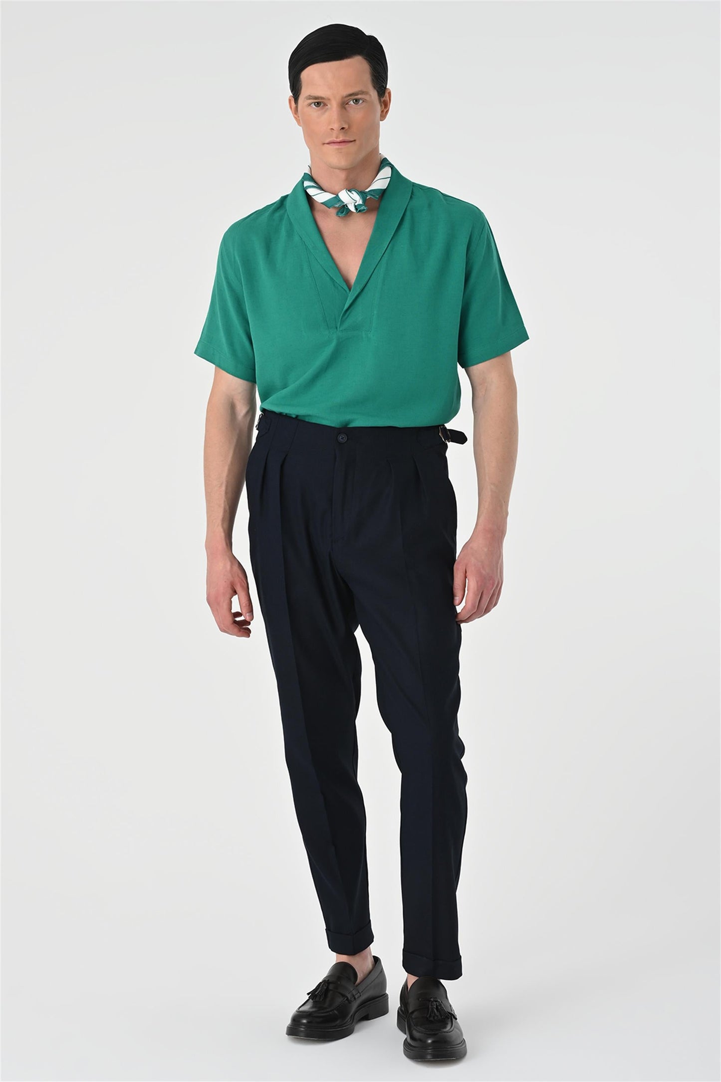 KOALA SYDNEY Men's Green Relax Fit Shawl Collar Short Sleeve Shirt