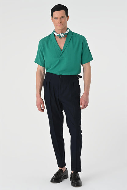 KOALA SYDNEY Men's Green Relax Fit Shawl Collar Short Sleeve Shirt