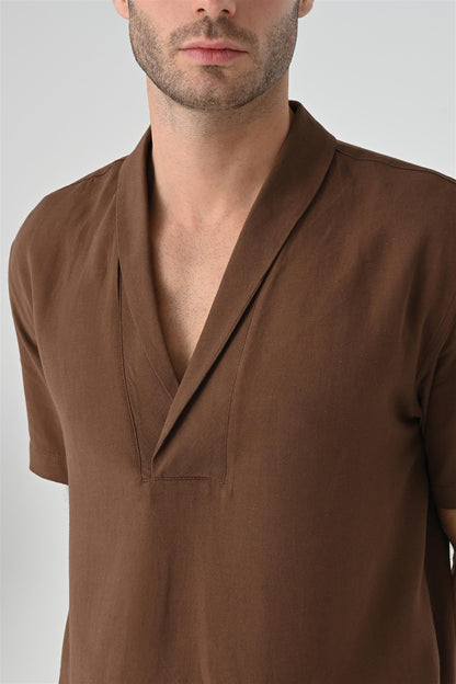 KOALA SYDNEY  Men's Brown Relax Fit Shawl Collar Short Sleeve Shirt -