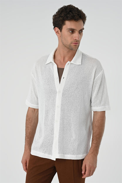 Men's White Relax Fit Knitwear Shirt