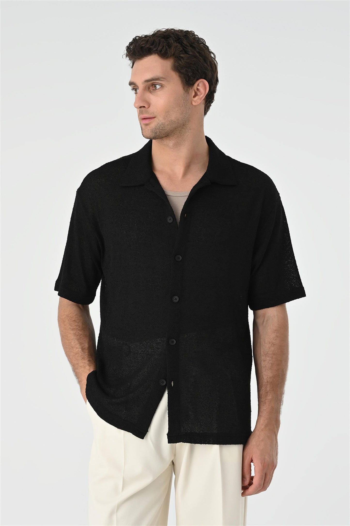 Men's Black Relax Fit Knitwear Shirt