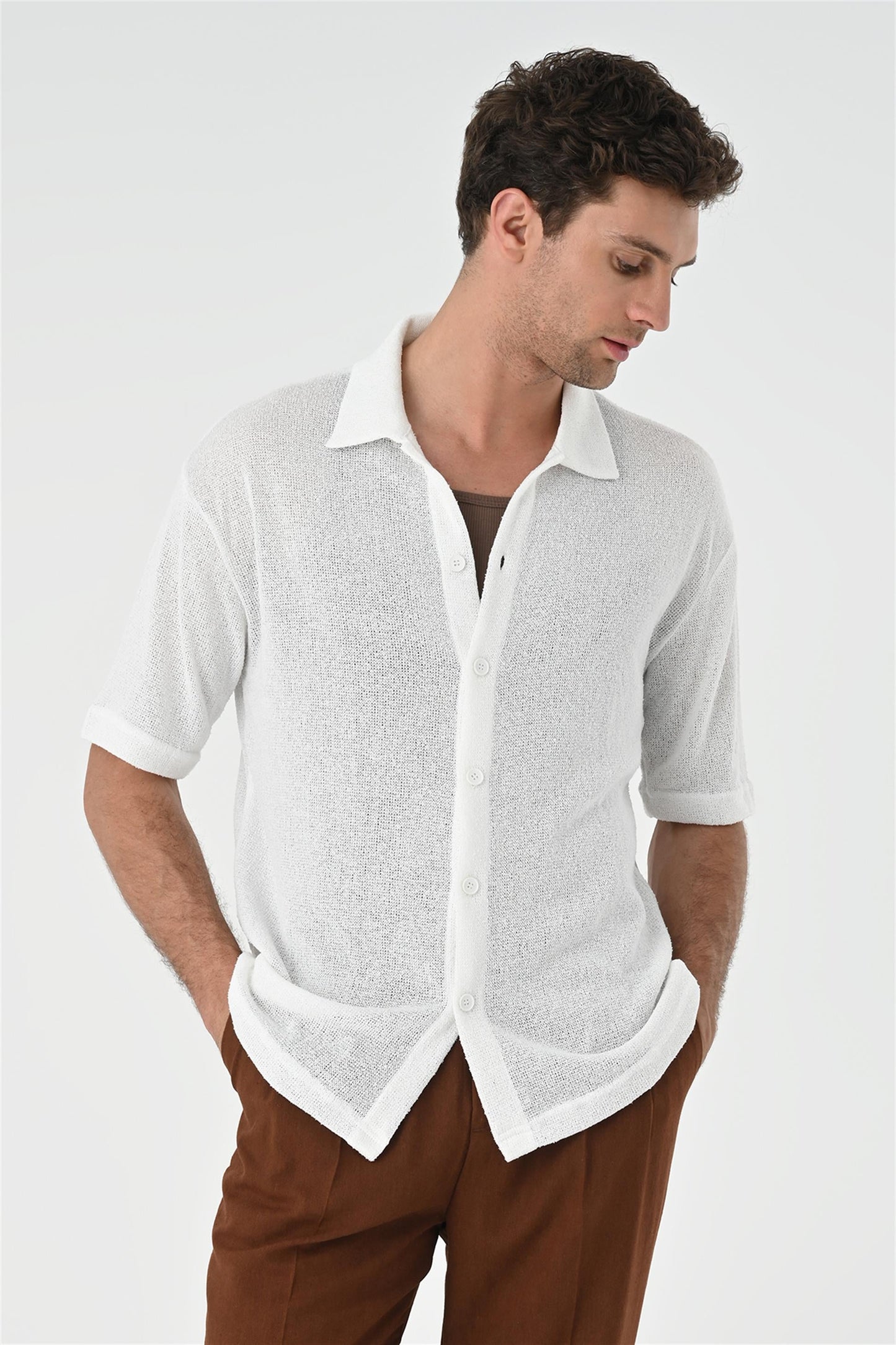 Men's White Relax Fit Knitwear Shirt