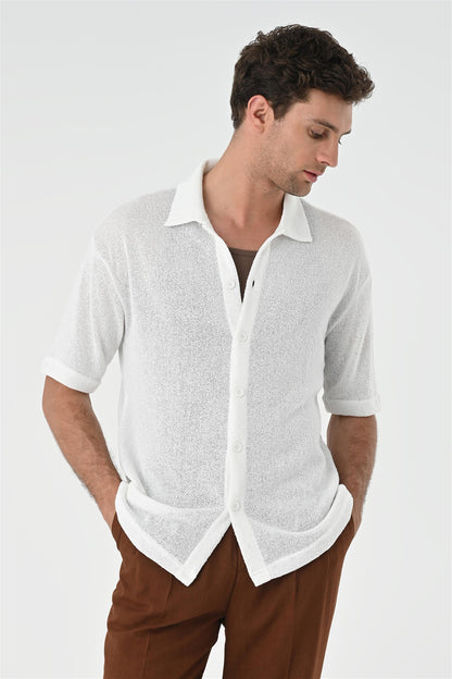 Men's White Relax Fit Knitwear Shirt