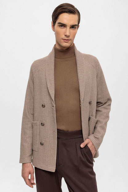 Men's Beige Shawl Collar Double Breasted Closure Cardigan