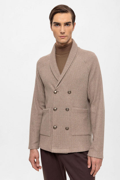 Men's Beige Shawl Collar Double Breasted Closure Cardigan