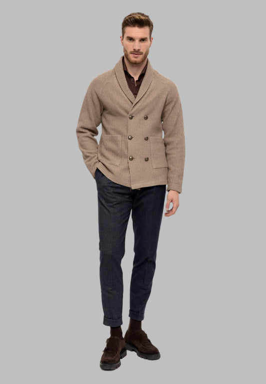 Men's Beige Shawl Collar Double Breasted Closure  Cardigan - Wessi