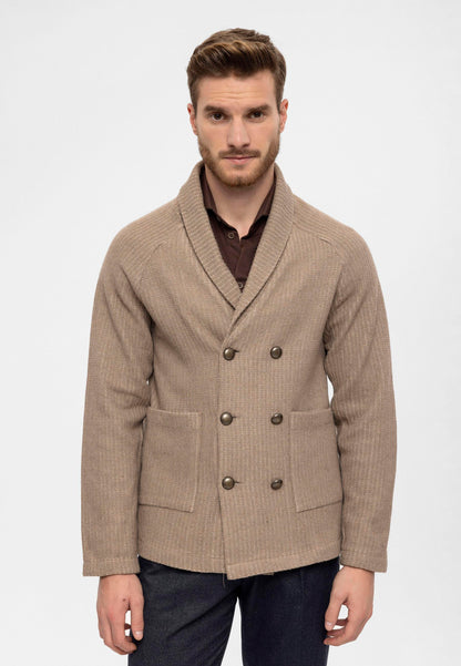 Men's Beige Shawl Collar Double Breasted Closure Cardigan