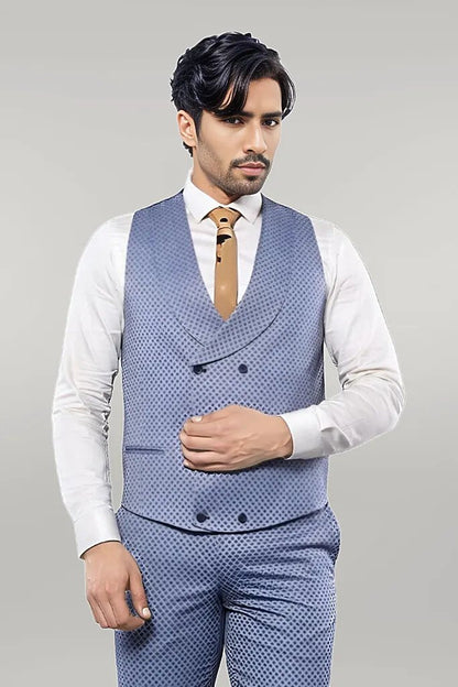 Self Patterned Vested Blue Suit