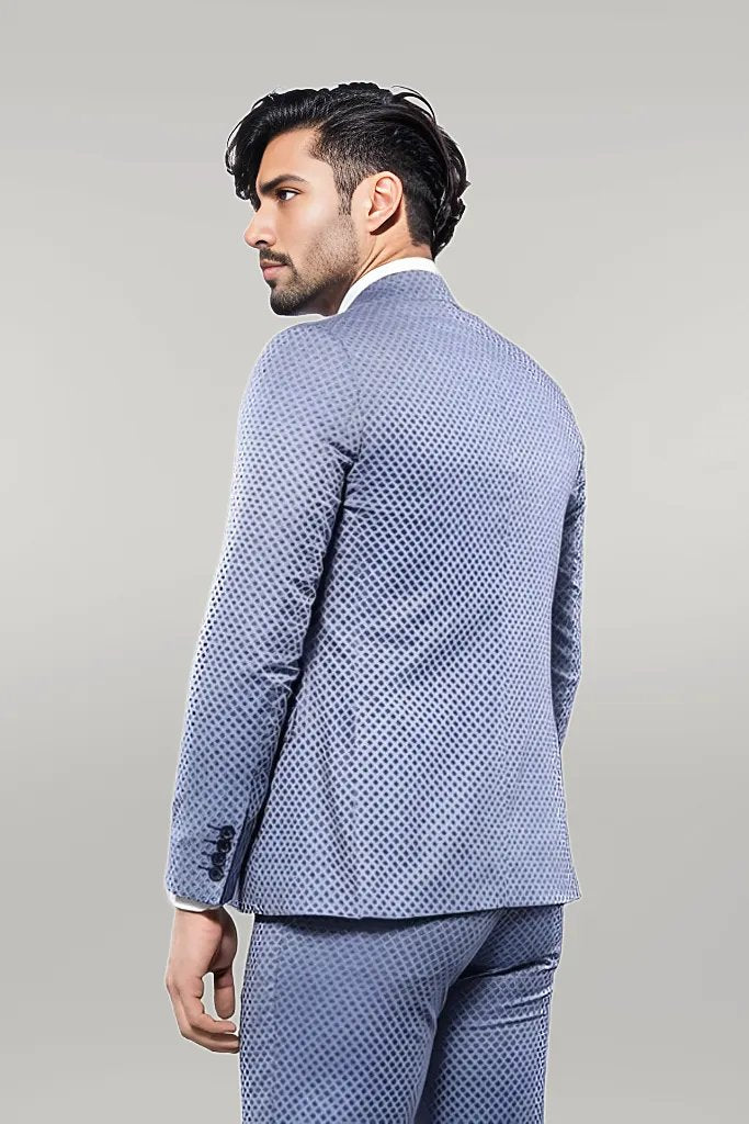Self Patterned Vested Blue Suit